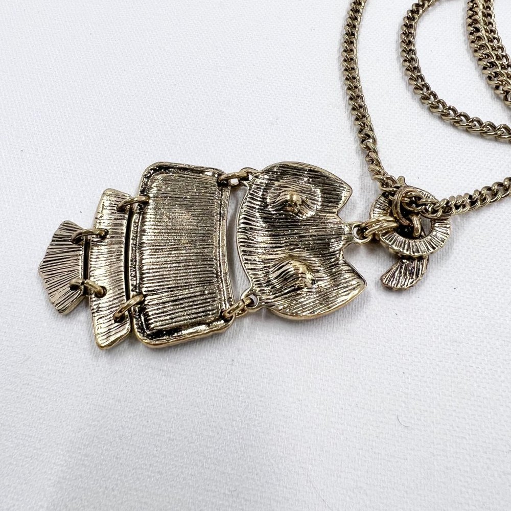 Abalone Inlayed Jointed Owl Pendant Antiqued Gold Tone 30” Chain Necklace - Picture 6 of 7